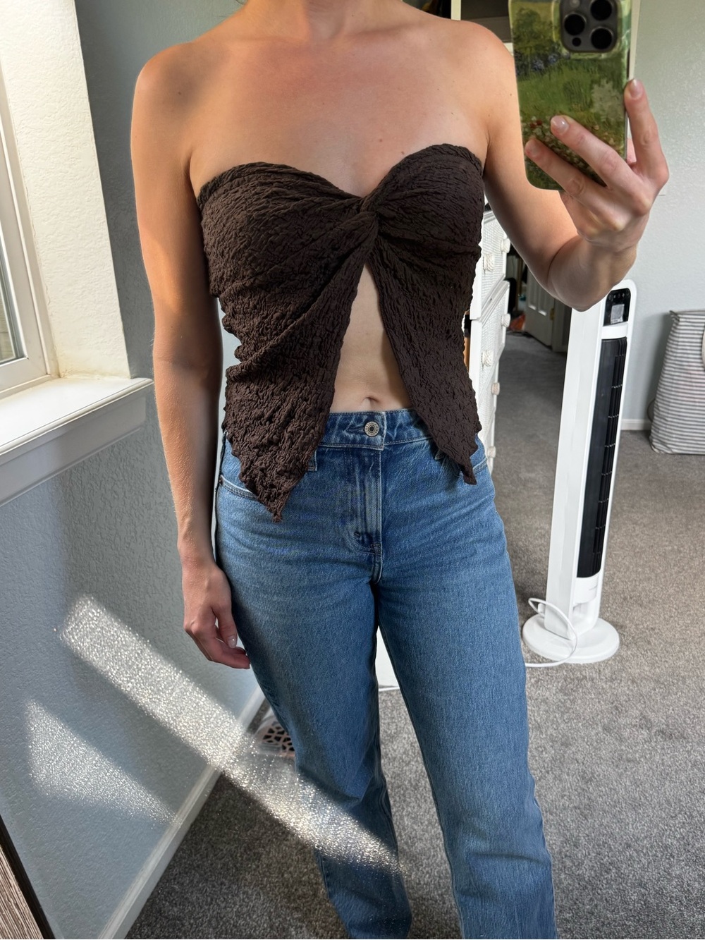 Chocolate Brown Y2K Strapless Textured Twist Front Crop Top- M